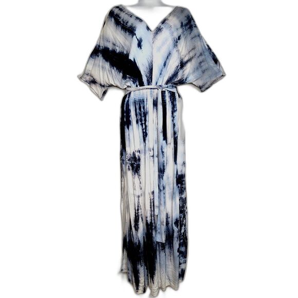 Blue Tie-Dye Kimono Sleeve Maxi Dress NWT Tanib Sz. M Gauzy Rayon Boho Feminine - Picture 1 of 8